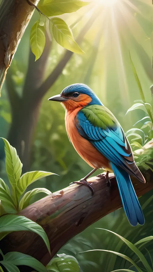 Prompt: Detailed, realistic illustration of a bird in a serene natural setting, vibrant colors, high quality, realistic, detailed feathers, peaceful, bible verse inspiration, intricate details, lush greenery, bright sunlight, natural beauty, harmonious, colorful feathers, serene, tranquil atmosphere