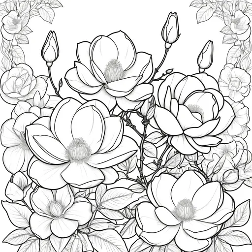 Prompt: Black and white coloring book page of beautiful flowers arrangement magnolias, roses high-detail line art, solid white background, coloring, monochrome, intricate details, delicate lines, printable, high quality