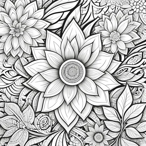 Prompt: Intricate black and white floral design for adult coloring book, high quality, detailed lines, intricate patterns, coloring book page, floral illustrations, monochrome, professional, high-res, intricate details, relaxing activity, intricate line work, detailed floral motifs, artistic, intricate shading, adult coloring, detailed illustrations, intricate design, detailed patterns, mindfulness activity, stress relief, therapeutic coloring, coloring book art, calming activity