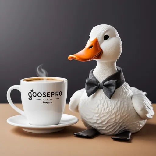 Prompt: human formed goose which is dressed up holds cup of coffee, on the cup there is written brand name is goosepresso