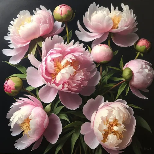 Prompt: Creat oil painting of bunch of peonies in realistic style, with petals falling, starting to decay in style of emma bass 
