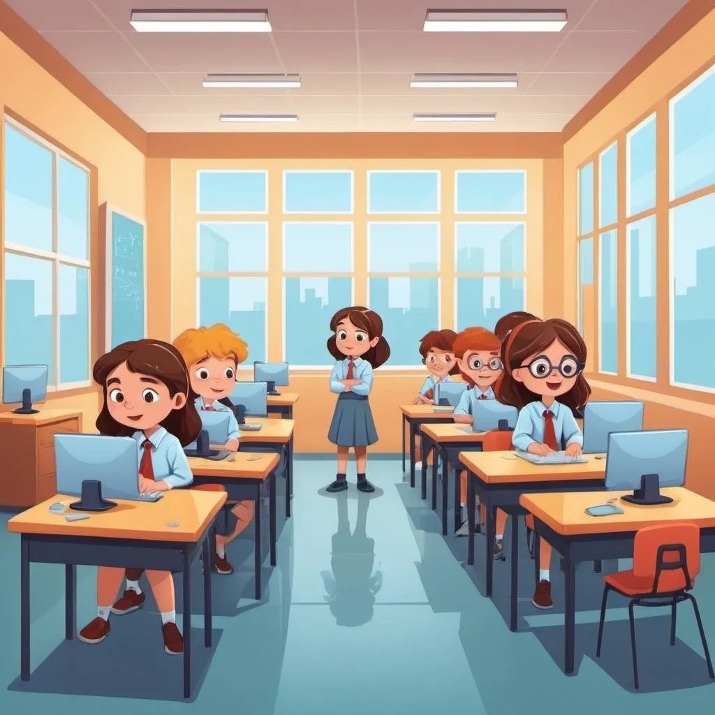 Prompt: Computerlab of a school, with kids studying in it and a teacher observing them , boys and girls both, the walls should have some empty space , window in a lab , flat illustration, cartoon, vector illustration