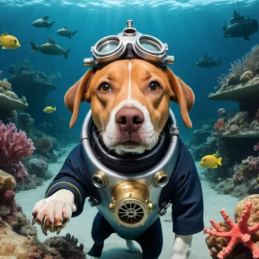 Prompt: Generate an image of a dog. A dog is wearing a diving suit underwater with a bone in its mouth and a submarine is next to it. Under the sea there are many sea creatures.