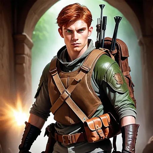 Prompt: Detailed depiction of an auburn-haired young male with green eyes, striking facial features, former special force soldier in leather armor, carrying an crossbow and military backpack, high quality, action-adventure, intense lighting, warm tones, detailed eyes, rugged design, professional, atmospheric lighting in a fantasy dungeons and dragons style