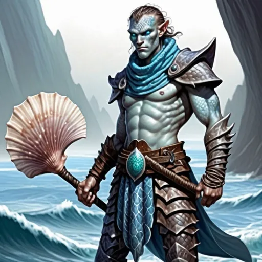 Prompt: Mysterious male Triton from dungeons and dragons in commoner's clothing, fantasy digital painting, flowing oceanic cloak, intricate seashell patterns, piercing turquoise eyes, rugged sea creature skin, detailed fantasy, high res, magical fantasy, flowing garments, intricate details, intense gaze, fantasy, aquatic tones, atmospheric lighting