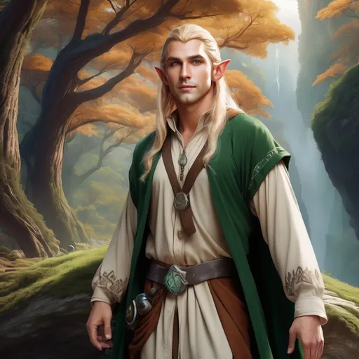 Prompt: (male elf archaeologist), 5'9”, (silky silver-tinted skin), (striking forest green eyes), (long curling blond hair with right side shaved), (oblong face, traditionally handsome), missing right hand, (rich earth-toned robes), (fantasy style), (vibrant color scheme), (dreamlike scenery background), intricate details, (4K ultra-detailed), enchanting atmosphere, blending with ethereal elements surrounding.