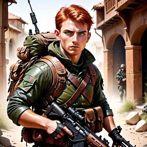 Prompt: Detailed depiction of an auburn-haired young male with green eyes, striking facial features, former special force soldier in leather armor, carrying an M14 rifle and military backpack, traveler's clothing, high quality, action-adventure, intense lighting, warm tones, detailed eyes, rugged design, professional, atmospheric lighting