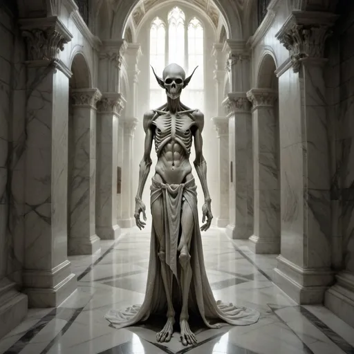 Prompt: In a marble library hallway an emaciated male figure stands hauntingly, towering at roughly six feet. His skin, a ghostly grey emphasizing the stark outlines of his bones beneath. Florescent lights above, casting eerie shadows that dance around him, enhancing his unsettling presence. His elongated ears, betraying his elven heritage, taper off sharply, complementing his sharp, angular features. Malicious yellow-red eyes flicker like dying embers from within the hollow of his face, radiating a palpable sense of menace. A thick fog wraps around his feet, and in the stillness of the night, a chill lingers in the air, amplifying the sense of dread. The scene is reminiscent of dark fantasy concept art, enveloped in an ominous atmosphere that captures the viewer’s unease.