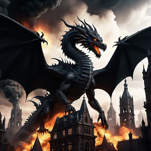 Prompt: (fantasy cityscape), apocalyptic medieval Victorian architecture, dark color scheme, (shadows and smoke) tall burning buildings, dramatic atmosphere, a black dragon soaring in the distant sky, intense lighting contrasts, (epic and chaotic), detailed intricate structures, (dramatic clouds), (4K quality).