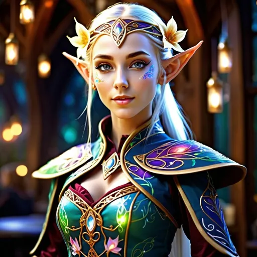 Prompt: An attractive female High Elf in fantasy style, youthful and playful, barmaid uniform with intricate floral patterns, glowing magical aura, detailed elven features, vibrant and rich colors, high-quality, fantasy, magical, detailed facial features, ethereal lighting, whimsical and vibrant