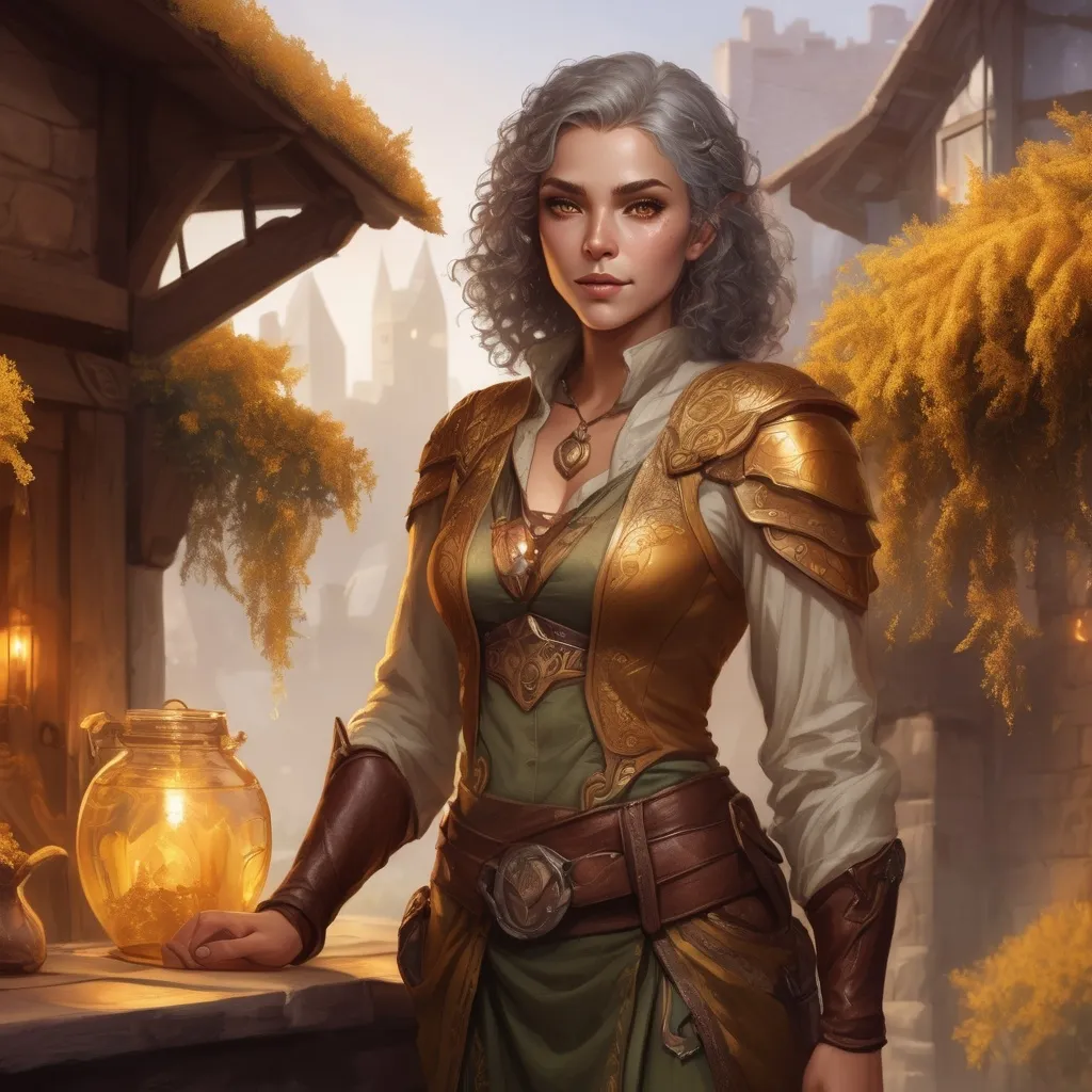 Prompt: Fantasy archeologist (Four foot five Female Half-Elf), short curly gray hair, goldenrod colored eyes, sharp ordinary features, muscular build, pockmarked honey gold skin, warm color scheme, cozy ambiance, rich details in clothing, magical elements in background, soft lighting, esteemed aura, ultra-detailed, captivating illustration.