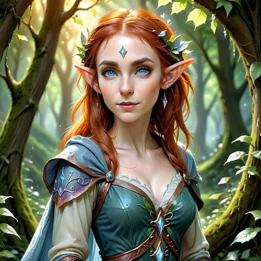 Prompt: Female Elf, (fantasy style), short thinning auburn hair, (vibrant color scheme), blue-gray eyes, long pointed ears, warm white skin, enchanting forest background, (ultra-detailed), ethereal atmosphere, magical lighting, lush greenery, whimsical elements, serene ambiance, soft ethereal glow, (high quality) 4K resolution, whimsical characteristics, vibrant foliage, enchanting details.