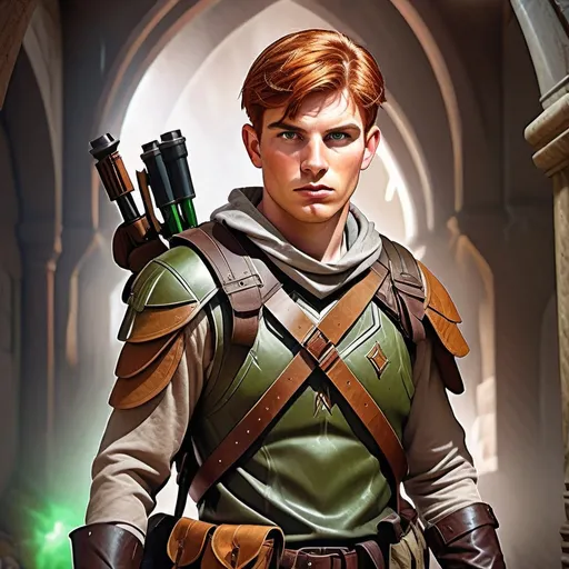 Prompt: Detailed depiction of an auburn-haired young male with green eyes, striking facial features, former special force soldier in leather armor, carrying an crossbow and military backpack, high quality, action-adventure, intense lighting, warm tones, detailed eyes, rugged design, professional, atmospheric lighting in a fantasy dungeons and dragons style