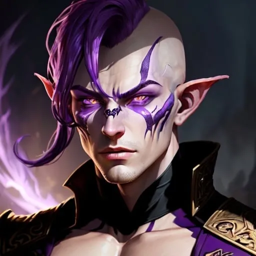 Prompt: A fantasy illustration of one Tiefling who is 5 feet tall, has a lean build and has a round face. He has No Horns. They have a shaven head they have piercing brown snake eyes, purple skin, and an intense gaze. He is dressed in a Medivel professional style. The illustration is high-resolution, with detailed facial features and vibrant purple tones. The artwork has a fantasy style with mystical lighting and dramatic shadows, and the skin texture is also detailed. It is a professional piece of fantasy art.