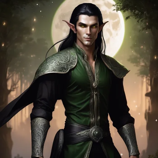 Prompt: (fantasy style), Male Moon Elf, six feet tall, average figure, (shoulder-length jet black hair), (brilliant green eyes), (square stern face) Grey toned skin color, warm color scheme, ethereal ambiance, intricate details, soft glowing lights, ultra-detailed, enchanting atmosphere, captivating expression.