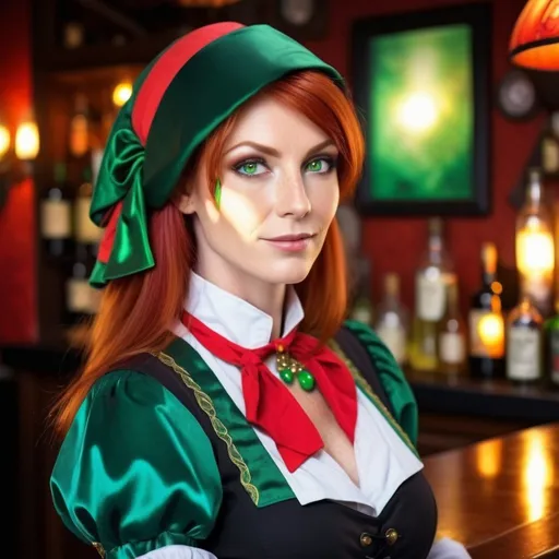 Prompt: An attractive middle-aged woman with red hair and green eyes, fantasy style, barmaid uniform, detailed facial features, lush vibrant colors, soft and warm lighting, high quality, fantasy, detailed eyes, luxurious, vibrant colors, cozy atmosphere