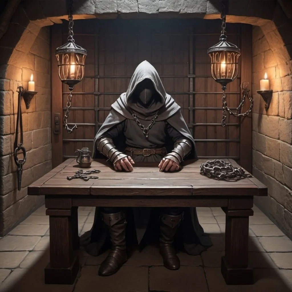 Prompt: A detailed medieval dungeons and dragons jail interrogation room with a hooded figure sitting at the table with manacles.