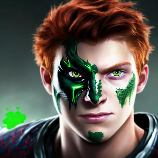 Prompt: Headshot of a young man in his 20s with red hair and blue eyes, one turned green. Half of his face is covered in a black Spider-Man Venom Symbiote. He is six foot three with an athletic build of roughly two hundred pounds.