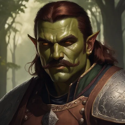 Prompt: (fantasy guard commander character), 6'9" half-orc, athletic build, (buzzed reddish brown hair), hazel eyes, square slightly average face, well-kept handlebar mustache, dark green skin, warm color scheme, mystical background, enchanting ambiance, (highly detailed), intricate textures, vibrant light effects, captivating mood, mythical atmosphere, cinematic depth.