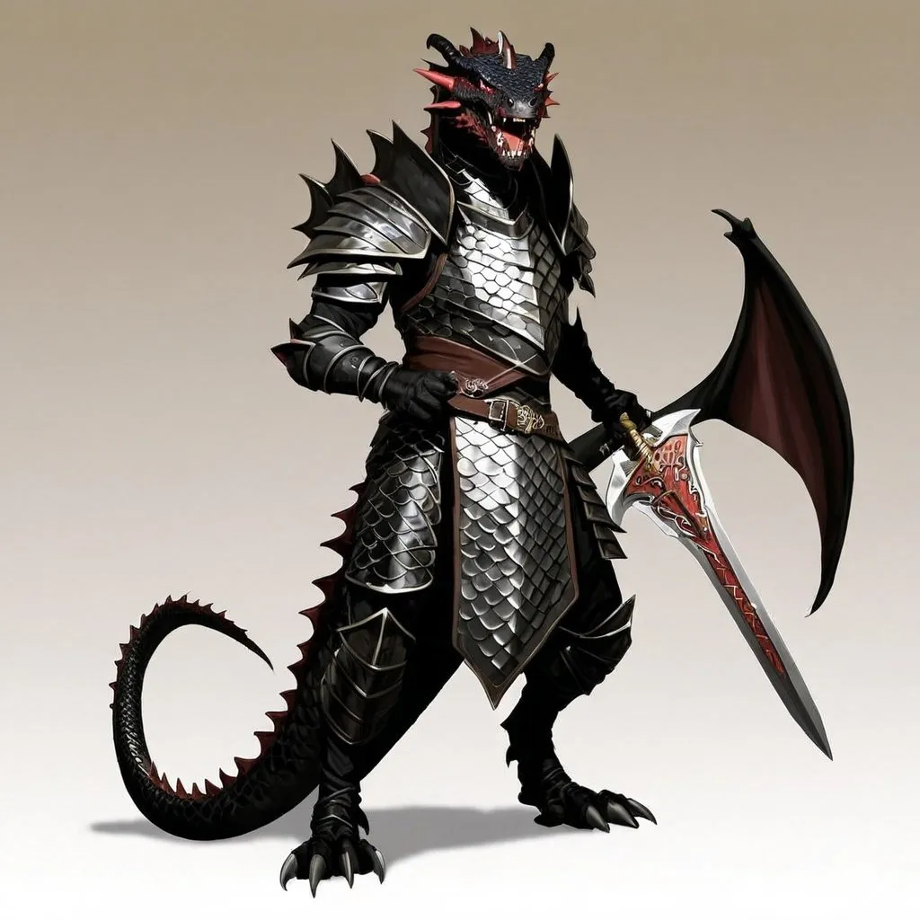 Prompt: One Jet Black-scaled half-dragon from Dungeons and Dragons, in scale mail armor with intricate Black dragon scales, piercing glowing eyes, fierce expression, high quality, fantasy, detailed scales, dramatic lighting, fantasy style, menacing presence