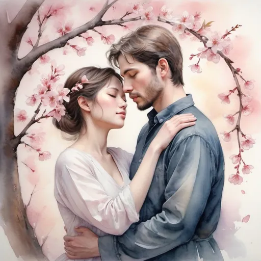 Prompt: Love, a shimmering beacon amidst the shadows of conflict, radiates warmth and tenderness in a world fraught with strife. This profound sentiment is beautifully captured in a delicate watercolor painting. Soft, pastel hues swirl together to depict two lovers embracing under a blossoming cherry tree. The tender brushstrokes capture the essence of love in its purest form, evoking a sense of peace and harmony that transcends the chaos of war. The image exudes an ethereal beauty that enchants the viewer, inviting them to immerse themselves in the transcendent power of love.