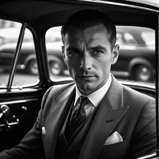 Prompt: Distinguished gentleman, secret agent, international man of mystery, spy, high-res, sophisticated, classic, vintage, black and white, tailored suit, sleek luxury car, mysterious gaze, atmospheric lighting, espionage, debonair, elegant, film noir, detailed facial features, sharp jawline, professional, stylish, shadowy intrigue, classic spy thriller, timeless, vintage car, enigmatic smile, high-quality