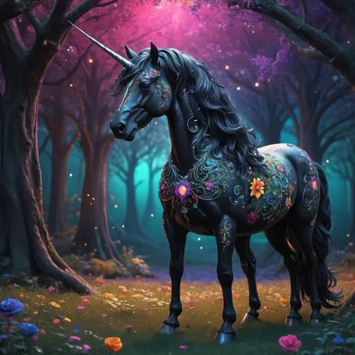 Prompt: solitary black unicorn, fantasy fairytale, vibrant and colorful, intricate details, 4k, high quality, fantasy, detailed design, majestic, whimsical, vibrant colors, intricate patterns, ethereal lighting, magical atmosphere