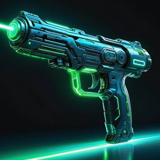 Prompt: High-quality, realistic digital painting of a futuristic energy weapon, glowing neon blue and green, intricate circuitry details, sleek metallic body, energy pulsating, dynamic pose, intense and vibrant colors, sci-fi, cyberpunk, weapon design, futuristic technology, detailed shadows and highlights, advanced concept art, professional, atmospheric lighting