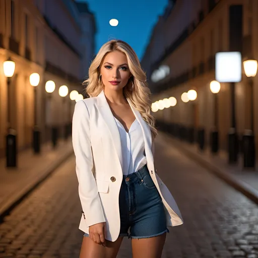 Prompt: Photoshoot professional, model female blonde, city urban street, Canon EOS 5D Mark IV, Fine details, dynamic lighting, rule of thirds, 8K