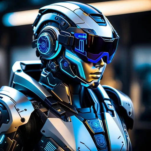 Prompt: Military Cyborg, titanium coated body armor with laser engraved glyphs, artificial generative intelligence with neural nano circuitry, nanopalogical sapphire goggles,  intricate engineering details, mecha tech, 8k