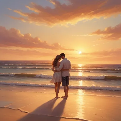 Prompt: Romantic sunset scene on the beach, warm tones, couple embracing, serene ocean waves, sandy shore, high quality, 4k, detailed shadows, realistic, impressionist, love, affectionate, tranquil, golden hour lighting