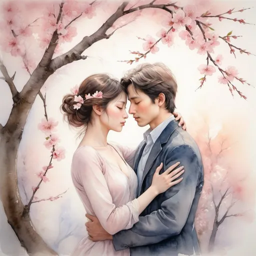 Prompt: Love, a shimmering beacon amidst the shadows of conflict, radiates warmth and tenderness in a world fraught with strife. This profound sentiment is beautifully captured in a delicate watercolor painting. Soft, pastel hues swirl together to depict two lovers embracing under a blossoming cherry tree. The tender brushstrokes capture the essence of love in its purest form, evoking a sense of peace and harmony that transcends the chaos of war. The image exudes an ethereal beauty that enchants the viewer, inviting them to immerse themselves in the transcendent power of love.