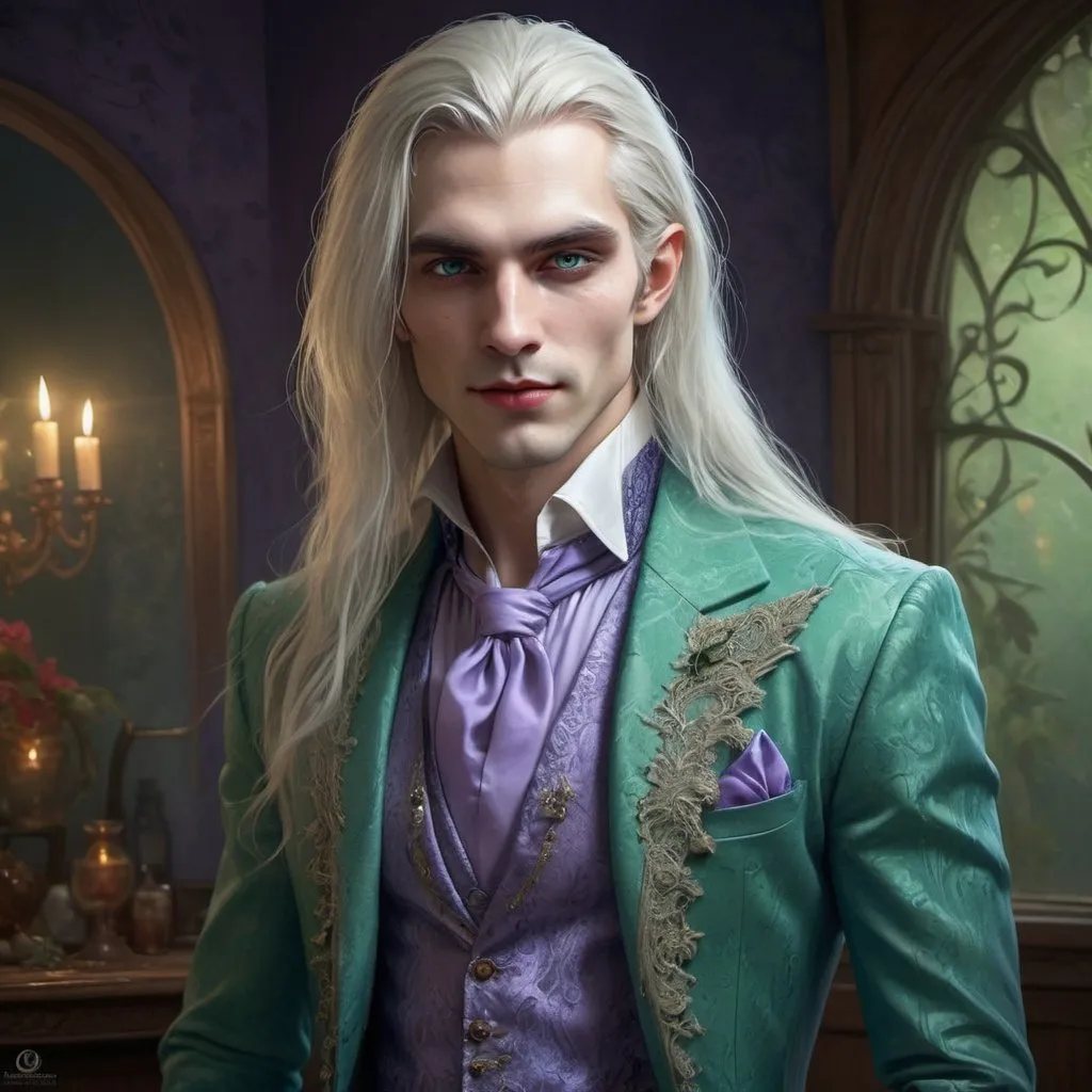 Prompt: male Vampire, white long hair, freckles, big blue deep eyes, with slight grin revealing the hint of razor-sharp fangs, intricate facial details, green lace and Lavender suit, long legs, hot body line, elite, charming, precious and elegant, exceedingly fascinating, boho decorations background, digital art, realistic oil painting, intricate details, epic, detailed facial features, full body length view, front light, Dazzle haze,cgsociety 9
