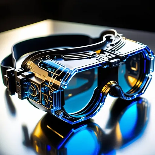 Prompt: Cyborg goggles, nanopalogical sapphire crystal glass, titanium coating, artificial generative intelligence, neural nano circuitry, nano microchips, intricate engineering details,  mecha tech, military grade, professional, high resolution, laser engraved glyphs 