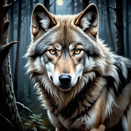 Prompt: Wolf in moonlit forest, realistic oil painting, detailed fur and eyes, high quality, atmospheric lighting, cool tones, serene ambiance, forest scene, realistic, detailed, moonlit, oil painting, wolf, detailed fur, detailed eyes, cool tones, atmospheric lighting