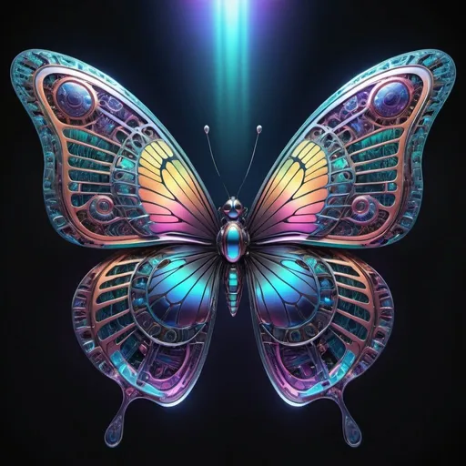 Prompt: Cybernetic butterfly with nanotechnology wings, iridescent colors, intricate details, futuristic, hyperspace, ultra-detailed, futuristic, cybernetic, high-tech, iridescent colors, intricate design, mesmerizing, otherworldly, highres, detailed wings, vibrant colors, futuristic atmosphere, surreal, nanotech, beautiful, shimmering, intricate patterns, hyperspace setting, mesmerizing lighting