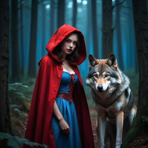 Prompt: Full length portrait of little red riding hood and wolf, mysterious forest scenery, dynamic lighting, high resolution 8K, detailed characters, dark fantasy style, deep red and cool blue tones, atmospheric lighting, detailed fur and attire, intense and mysterious gaze, professional, high quality