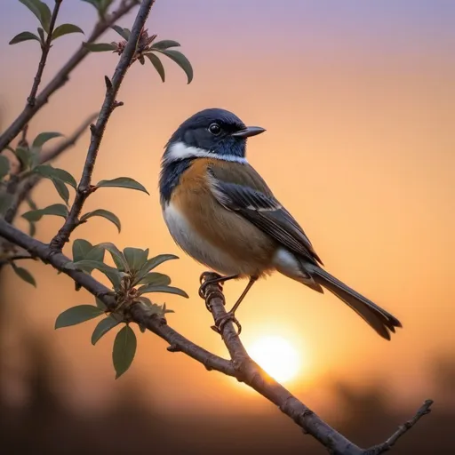 Prompt: Songbird on branch, sunrise landscape, delicate brush strokes, dynamic lighting 