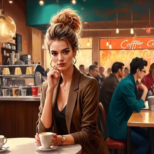 Prompt: Full body shot of a stylish female model in a bustling coffee shop, modern digital painting, vibrant urban atmosphere, high quality, fashion illustration, warm tones, natural lighting, detailed features, trendy outfit, chic hairstyle, lively background, professional, urban, modern, stylish, vibrant atmosphere, bustling coffee shop, highres, digital painting, detailed face, fashionable, trendy
