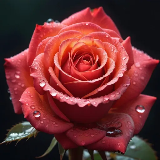 Prompt: Vermilion rose with dew drops, mystic glyphs, surreal lighting 