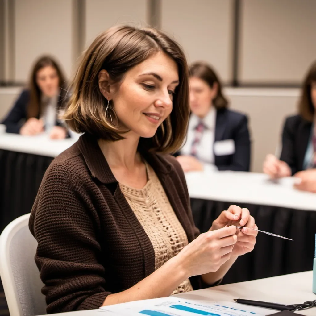 Prompt: brown haired bob length woman crocheting during business conference