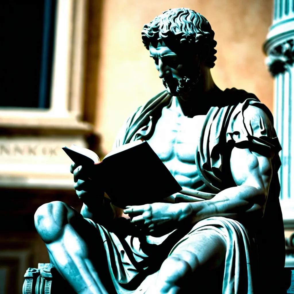 Prompt: create a stoic stone statue of a man reading a book, but in an roman art style, make it look realistic, make the statue hold a book that says "stronk"