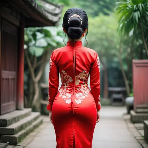 Prompt: View from the back of A thick Vietnamese women with curves. She is wearing traditional dress ao dai
