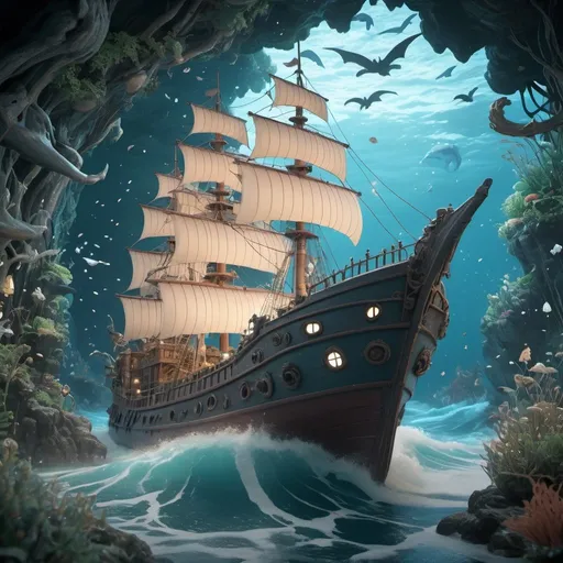 Prompt: Studio Ghibli inspired detailed 3D rendering of a ship, surrounded by wild sea and magical creatures, high quality, detailed, 3D rendering, magical creatures, fantasy, intricate design, professional, atmospheric lighting