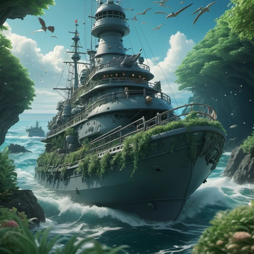 Prompt: Studio Ghibli inspired detailed 3D rendering of a warship, surrounded by wild sea and magical creatures, high quality, detailed, 3D rendering, Studio Ghibli, armored tank, warship, lush greenery, magical creatures, fantasy, intricate design, professional, atmospheric lighting