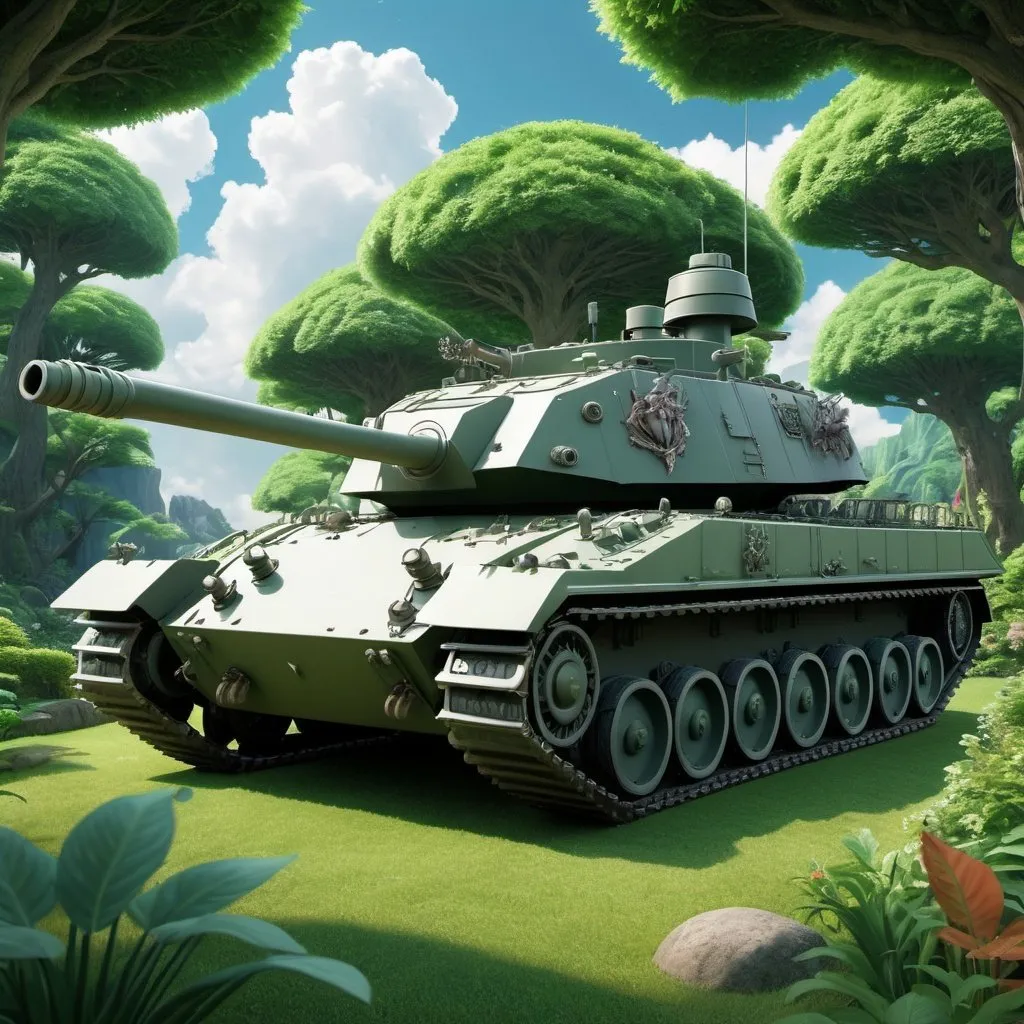 Prompt: Studio Ghibli inspired detailed 3D rendering of an armored tank merged with a warship, surrounded by lush greenery and magical creatures, high quality, detailed, 3D rendering, Studio Ghibli, armored tank, warship, lush greenery, magical creatures, fantasy, intricate design, professional, atmospheric lighting