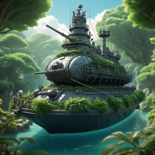 Prompt: Studio Ghibli inspired detailed 3D rendering of a warship, surrounded by lush greenery and magical creatures, high quality, detailed, 3D rendering, Studio Ghibli, armored tank, warship, lush greenery, magical creatures, fantasy, intricate design, professional, atmospheric lighting