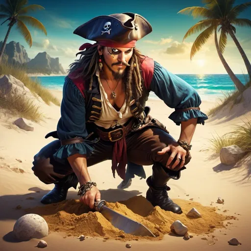 Prompt: Fantastique illustration of a pirate digging in the sand for treasure, vibrant and rich color palette, fantasy adventure theme, detailed pirate attire, antique map in hand, dramatic lighting evoking mystery and excitement, high-quality rendering, treasure hunting, beach setting, detailed facial features, dramatic shadows and highlights, fantasy style, adventurous atmosphere, vibrant colors, captivating lighting