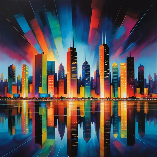 Prompt: An abstract, modern painting depicting a vibrant cityscape at night, characterized by high contrast and vivid colors. The foreground features a calm body of water with an almost mirror-like surface, perfectly reflecting the entire skyline above it. This reflection creates a symmetrical composition that doubles the visual impact of the city's illuminated buildings. The midground showcases a dense array of skyscrapers, each uniquely designed with intricate details. A prominent building resembling the Empire State Building stands out in the center, its facade adorned with glowing yellow windows and amber-yellow lights. Other notable structures include a tall cylindrical tower with a golden spire on the left, and a rectangular building with a textured glass-like exterior on the right. The background consists of a dark navy blue sky transitioning to lighter shades of teal and cyan, creating vertical streaks reminiscent of rain or light reflections. These abstract elements add depth and movement to the scene, enhancing the surreal quality of the artwork. Thin, light-colored lines descend from the sky, contributing to the overall sense of fluidity and dynamism. Small white dots scattered throughout the sky suggest stars or distant lights, emphasizing the nighttime setting. The color palette includes rich blues, teals, midnight blues, golds, neon yellows, and warm oranges, creating a lively atmosphere. The lighting appears artificial, emanating from within the skyscrapers and their surroundings, while also illuminating parts of the waterfront below. The overall mood is tranquil yet dynamic, with a balanced gamma, medium saturation, and cool hue dominating the scene. The composition follows the rule of thirds, drawing attention to the central building while maintaining visual interest across the entire frame.