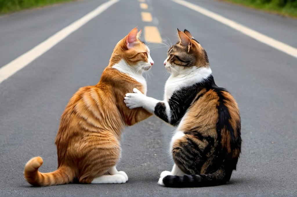 Prompt: two cats who cross paths on a road then greet each other lovingly